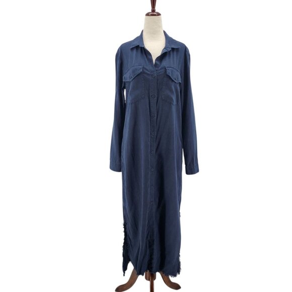 Cloth & Stone Womens Small Dress Frayed Roll Tab Sleeve Midi Shirt Dress Blue - Picture 1 of 12